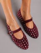  Balerini Bordeaux din piele întoarsă ecologică cu închidere cu cataramă decorate cu zirconii Daisanna