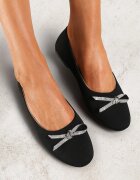 Balerini Negre Slip-on cu Talpă Plată decorate cu Fundă și Strasuri Pimenna