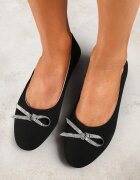  Balerini Negre Slip-on cu Talpă Plată decorate cu Fundă și Strasuri Pimenna