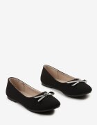  Balerini Negre Slip-on cu Talpă Plată decorate cu Fundă și Strasuri Pimenna