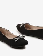  Balerini Negre Slip-on cu Talpă Plată decorate cu Fundă și Strasuri Pimenna
