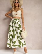 belcci Fustă Cloș Verde-Bej Talie înaltă cu elastic în talie și nasturi Tinasshi