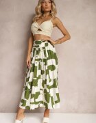 belcci Fustă Cloș Verde-Bej Talie înaltă cu elastic în talie și nasturi Tinasshi