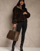 belcci Geacă Maro Blană artificială cu Buzunare Decorative Vetiline