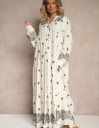 belcci Rochie Albă-Neagră Evazată Decorată cu Broderie și Model Boho Ronavere