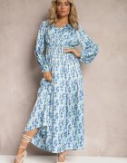 belcci Rochie Albastră de Satin cu Elastic în Talie și cu Model Paisley Xalire