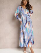 belcci Rochie Albastră Evazată cu elastic în talie și model Acuarelă Kasille