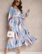 belcci Rochie Albastră Evazată cu elastic în talie și model Acuarelă Kasille
