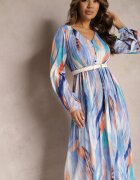 belcci Rochie Albastră Evazată cu elastic în talie și model Acuarelă Kasille