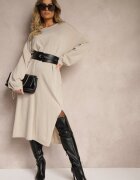 belcci Rochie Bej din Viscoză cu Croială Tip Cutie cu Fir Metalic și Mâneci Largi Arkina