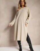 belcci Rochie Bej din Viscoză cu Croială Tip Cutie cu Fir Metalic și Mâneci Largi Arkina