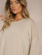 belcci Rochie Bej din Viscoză cu Croială Tip Cutie cu Fir Metalic și Mâneci Largi Arkina