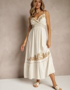 belcci Rochie Bej din Viscoză și In cu Decolteu Petrecut Decorată cu Broderie Sollio