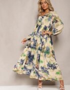 belcci Rochie Bej și Bleu Marin Cloș Maxi cu Model Abstract cu Nasturi Tiritta
