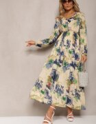 belcci Rochie Bej și Bleu Marin Cloș Maxi cu Model Abstract cu Nasturi Tiritta