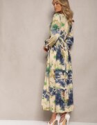 belcci Rochie Bej și Bleu Marin Cloș Maxi cu Model Abstract cu Nasturi Tiritta