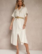 belcci Rochie cămașă Bej din In și Viscoză cu Broderie și Curea Împletită Atelessa