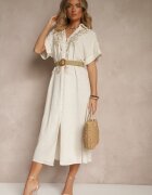 belcci Rochie cămașă Bej din In și Viscoză cu Broderie și Curea Împletită Atelessa