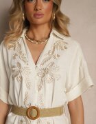 belcci Rochie cămașă Bej din In și Viscoză cu Broderie și Curea Împletită Atelessa