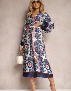 belcci Rochie Croi Drept Albastră din Țesătură de Satin cu Model Ornamental Allilena