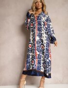 belcci Rochie Croi Drept Albastră din Țesătură de Satin cu Model Ornamental Allilena