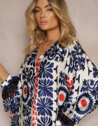 belcci Rochie Croi Drept Albastră din Țesătură de Satin cu Model Ornamental Allilena