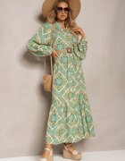belcci Rochie din viscoză verde cu croială evazată cu volan și nasturi Orines