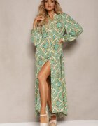 belcci Rochie din viscoză verde cu croială evazată cu volan și nasturi Orines