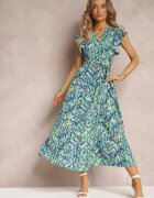 belcci Rochie Evazată Bleumarin-Verde Maxi cu Fir Metalic și Curea Lată Xisa