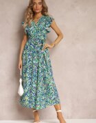 belcci Rochie Evazată Bleumarin-Verde Maxi cu Fir Metalic și Curea Lată Xisa
