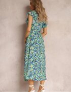 belcci Rochie Evazată Bleumarin-Verde Maxi cu Fir Metalic și Curea Lată Xisa