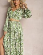 belcci Rochie Evazată Maxi Verde cu Elastic în Talie Decorată cu Model Abstract Raliven