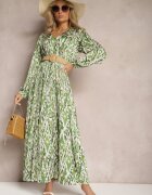 belcci Rochie Evazată Maxi Verde cu Elastic în Talie Decorată cu Model Abstract Raliven