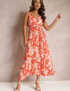 belcci Rochie Florală Portocalie Maxi cu tiv plisat și elastic în talie Xinne