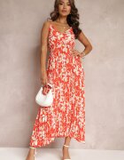 belcci Rochie Florală Portocalie Maxi cu tiv plisat și elastic în talie Xinne