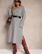 belcci Rochie Gri din Viscoză cu Croială Dreaptă cu Fir Metalic și Mâneci Largi Arkina