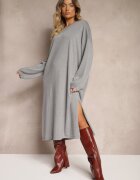belcci Rochie Gri din Viscoză cu Croială Dreaptă cu Fir Metalic și Mâneci Largi Arkina