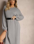belcci Rochie Gri din Viscoză cu Croială Dreaptă cu Fir Metalic și Mâneci Largi Arkina