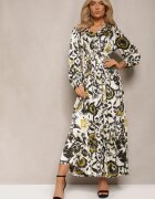 belcci Rochie Lungă Bej-Verde din Satin cu Elastic în Talie și Imprimeu Ornamental Anoitia