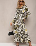 belcci Rochie Lungă Bej-Verde din Satin cu Elastic în Talie și Imprimeu Ornamental Anoitia
