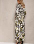 belcci Rochie Lungă Bej-Verde din Satin cu Elastic în Talie și Imprimeu Ornamental Anoitia