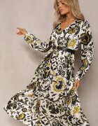belcci Rochie Lungă Bej-Verde din Satin cu Elastic în Talie și Imprimeu Ornamental Anoitia