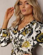 belcci Rochie Lungă Bej-Verde din Satin cu Elastic în Talie și Imprimeu Ornamental Anoitia