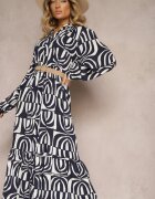 belcci Rochie Lungă Bleumarin Cloș cu Imprimeu Geometric cu Guler Skulle