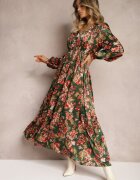 belcci Rochie lungă evazată verde-roz cu pliuri cu imprimeu floral Toada