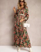 belcci Rochie lungă evazată verde-roz cu pliuri cu imprimeu floral Toada