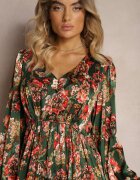 belcci Rochie lungă evazată verde-roz cu pliuri cu imprimeu floral Toada