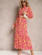 belcci Rochie Lungă Roz-Galbenă Cloș cu Imprimeuri Geometrice cu Guler Skulle