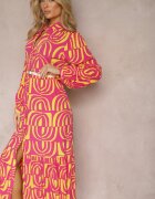 belcci Rochie Lungă Roz-Galbenă Cloș cu Imprimeuri Geometrice cu Guler Skulle