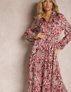 belcci Rochie roșie evazată cu elastic în talie și decolteu triunghiular cu nasturi Niamarie
